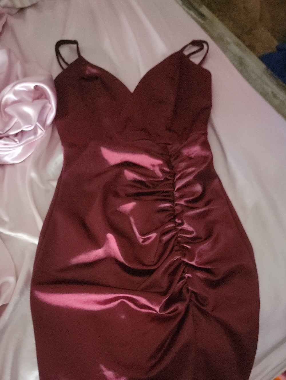 Honey and Rosie Satin Ruched Dress in Deep Burgundy